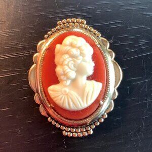 Vintage Cameo Pin off white on brown/orange background